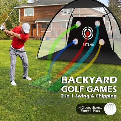 Filet de pratique de golf 10x7 pi avec tapis, balles, tees et sac de transport – Filet de frappe robuste pour jardin, sous-sol et usage intérieur/extérieur, équipement d'entraînement de golf, cadeau pour hommes et femmes