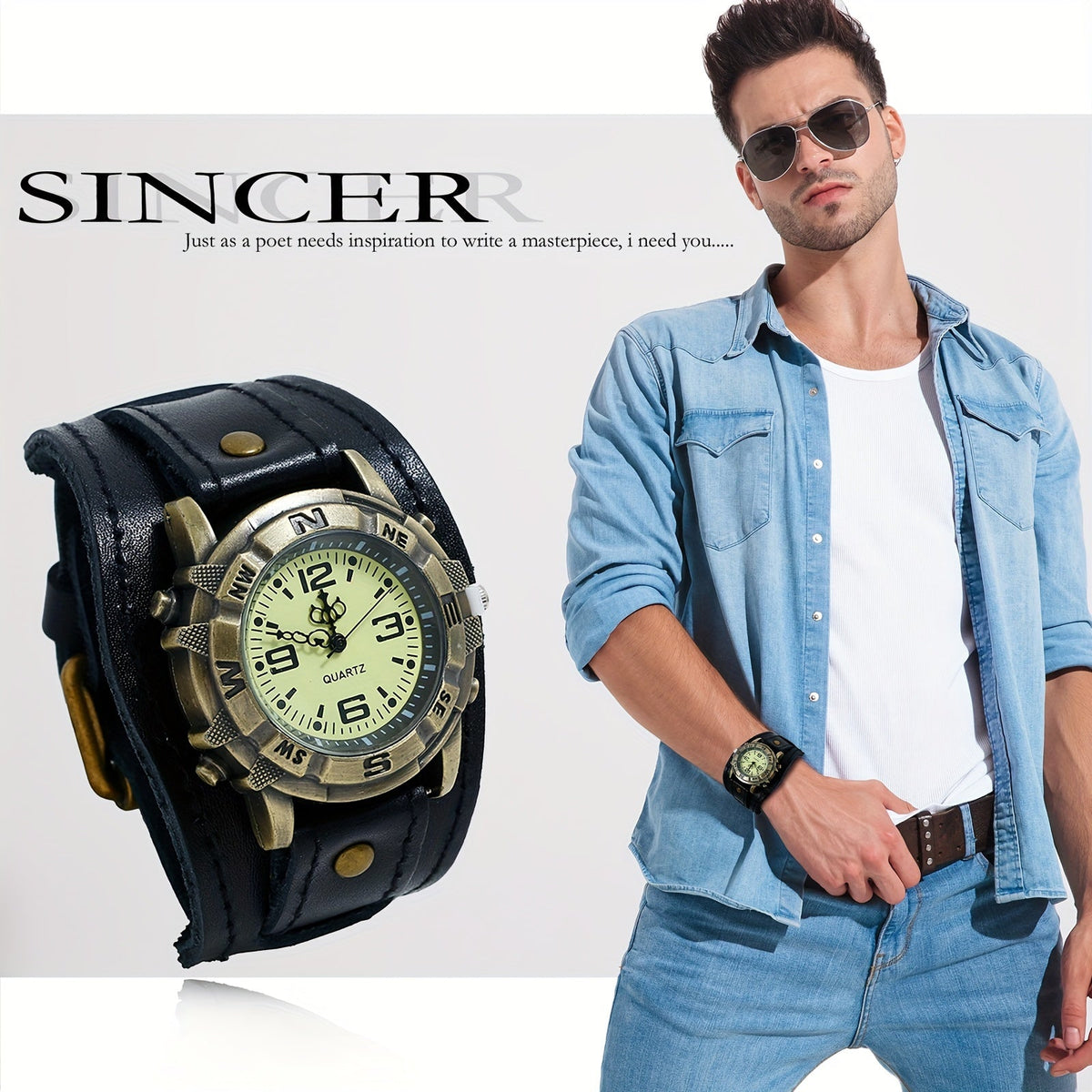 Montre à quartz analogique unisexe style steampunk vintage avec large bracelet en cuir – Style biker, boîtier rond, marron foncé, noir, marron, cadeau pour Halloween, Noël, fête des Pères