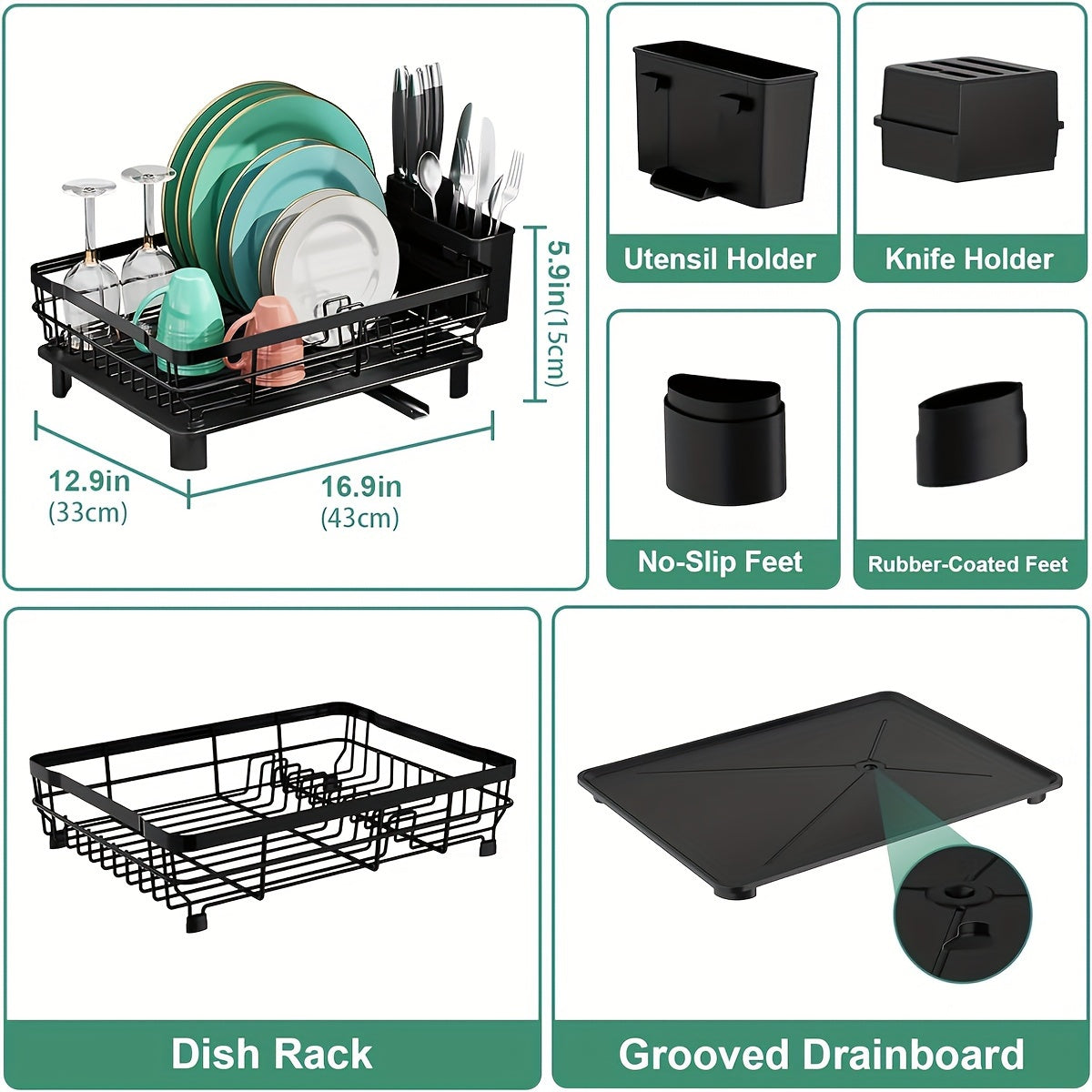 Égouttoir à vaisselle à 2 niveaux avec plateau d'égouttage et porte-ustensiles amovible – Égouttoir grande capacité pour comptoir de cuisine, égouttoir pour vaisselle, ustensiles de cuisine et couverts – Design peu encombrant