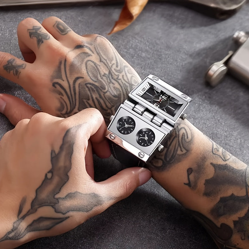 Montre à quartz de sport de luxe pour homme avec affichage double fuseau horaire - Montre-bracelet analogique à aiguilles avec boîtier en alliage, bracelet en similicuir et pile, pour le travail, les loisirs et comme cadeau en plein air