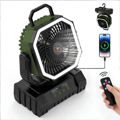 Ventilateur de camping à batterie 20 000 mAh, autonomie 59 h – Ventilateur oscillant portable rechargeable avec télécommande, 4 vitesses, éclairage LED et crochet pour tente, extérieur, terrasse, garage, coupure de courant ou ouragan