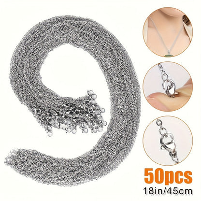 Lot de 50 chaînes de collier en acier inoxydable 304 de 45,7 cm avec fermoir mousqueton - Fournitures de création de bijoux DIY résistantes au ternissement pour pendentifs, breloques, bracelets et porte-clés, lot de chaînes en gros pour créateurs