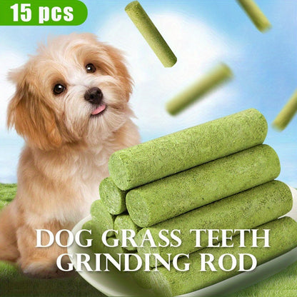 15 bâtonnets à mâcher à l'herbe pour chien – Friandises à mâcher naturelles pour le nettoyage des dents, haleine fraîche, collation riche en fibres pour la santé digestive à base d'herbe et de viande – Friandise saine pour chien de toutes races
