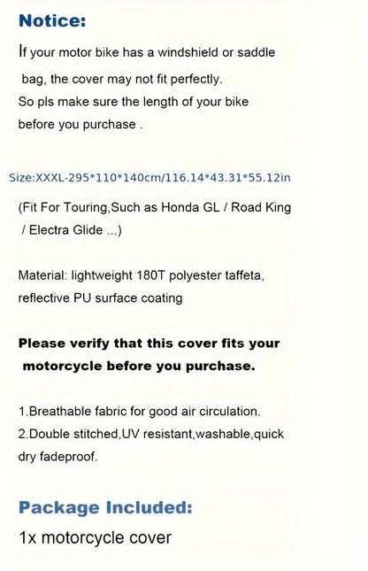 Housse de moto imperméable XXXL à ajustement universel - Protection résistante pour tous les temps pour Harley Road King, Electra Glide, Street Glide, Honda Goldwing, Yamaha Royal Star et motos de tourisme, 295x109x140 cm