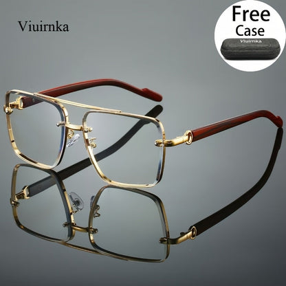 Lunettes de mode carrées avec branches effet bois pour hommes et femmes – Lunettes de soleil unisexe rétro à double pont avec verres dégradés pour la conduite, le voyage, la photographie de rue, cadeau avec étui
