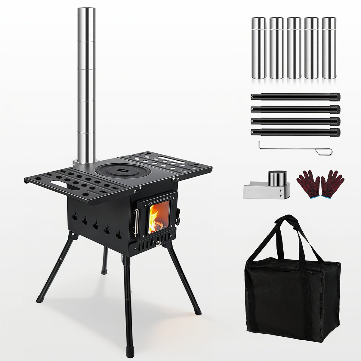 Réchaud de camping à bois portable – Réchaud de randonnée compact et pliable pour la marche, le camping, le pique-nique et le barbecue, aucune cartouche de combustible nécessaire, option cheminée, noir, vert ou acier inoxydable