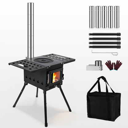 Réchaud de camping à bois portable – Réchaud de randonnée compact et pliable pour la marche, le camping, le pique-nique et le barbecue, aucune cartouche de combustible nécessaire, option cheminée, noir, vert ou acier inoxydable
