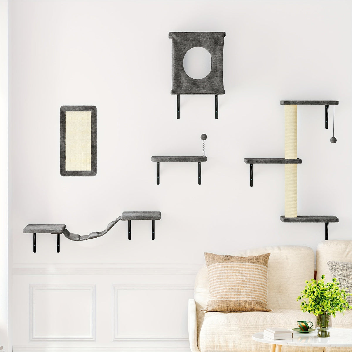 Ensemble de 5 étagères murales pour chats - Perchoir, grimpeur et pont flottants pour chats, mobilier moderne pour chats d'intérieur, alternative à l'arbre à chat avec plateforme de couchage, maison pour chat gain de place
