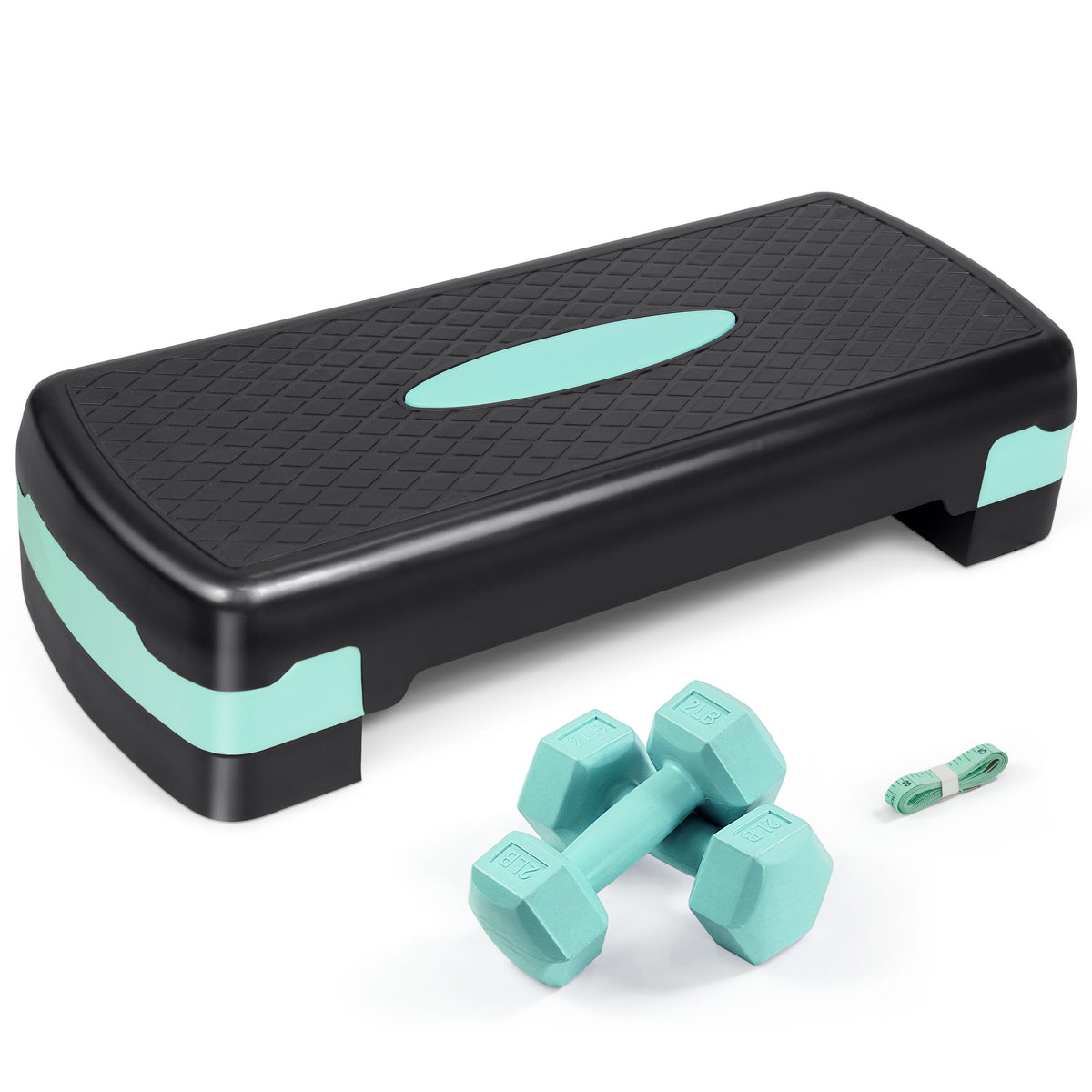 Plateforme de step réglable pour aérobic avec 2 haltères et ruban à mesurer – Plateforme d'exercice pour entraînement à domicile avec rehausseurs, antidérapante, capacité de 250 kg, 3 couleurs (bleu, vert, rose)