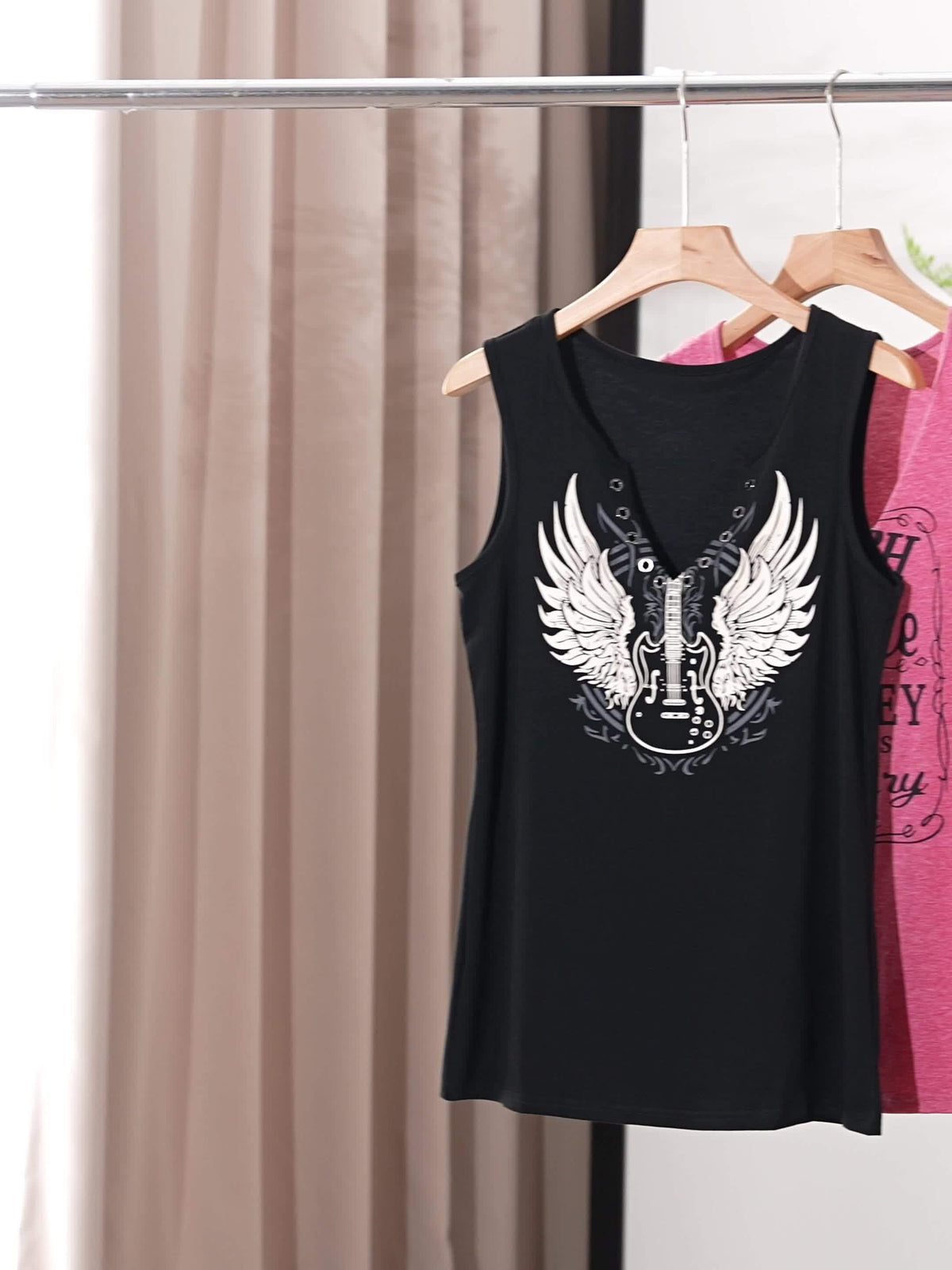 Débardeur femme à col en V avec motif guitare - Haut sans manches décontracté, t-shirt graphique ample pour l'été, caraco pour un usage quotidien