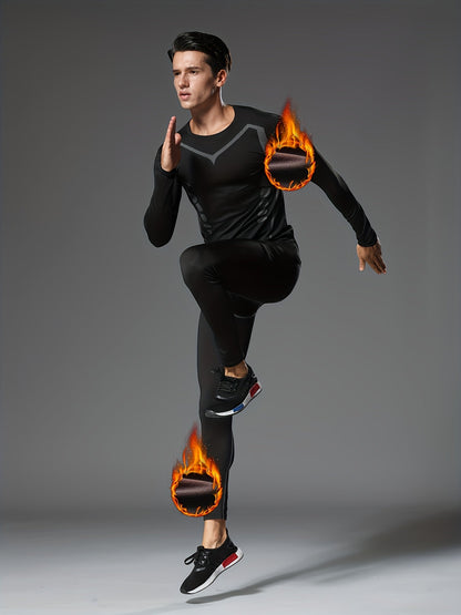 Ensemble de 6 pièces de sous-vêtements de sport thermiques doublés en polaire pour homme – Couche de base chaude imprimée pour la course, le fitness et l'entraînement automne-hiver, équipement d'entraînement matin et soir