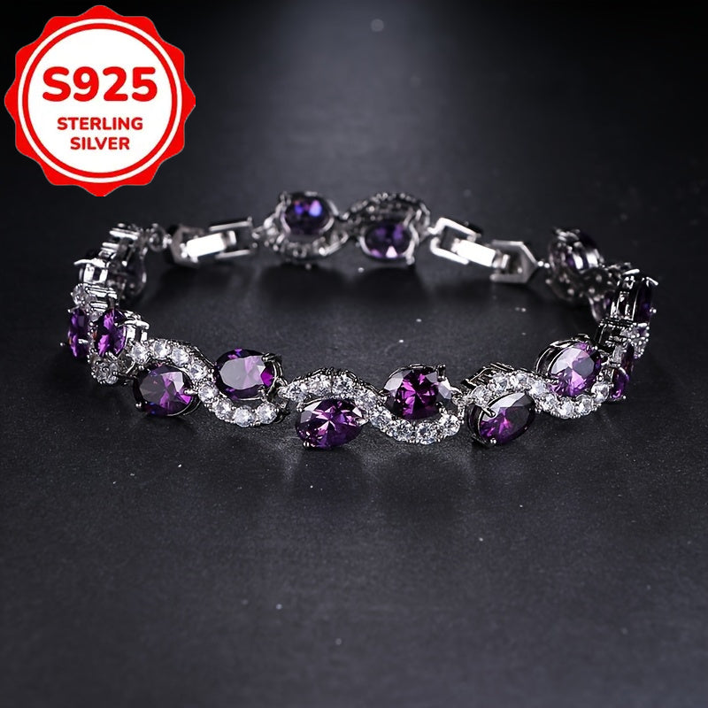 Bracelet chaîne en argent sterling 925 avec zircone cubique ovale violette pour femme – Bracelet de luxe étincelant en zircone cubique, cadeau de bijoux élégant pour anniversaire et fête
