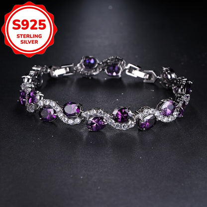 Bracelet chaîne en argent sterling 925 avec zircone cubique ovale violette pour femme – Bracelet de luxe étincelant en zircone cubique, cadeau de bijoux élégant pour anniversaire et fête