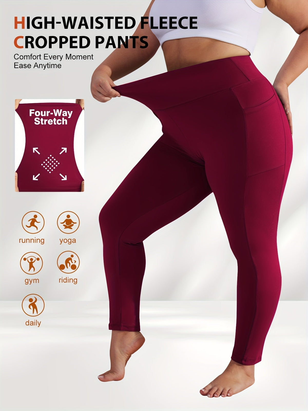 Pantalon de yoga grande taille pour femme avec poches – Legging chaud doublé en polaire taille haute pour l'automne et l'hiver, pantalon de sport moulant élastique, tailles 1XL-5XL en noir, gris, bordeaux et bleu marine