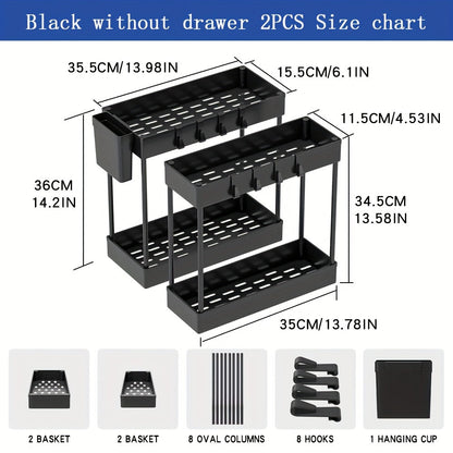 Organisateur sous évier, lot de 2 paniers coulissants à double niveau avec 8 crochets, extensible – Étagère de rangement pour cuisine et salle de bain, blanc lunaire, noir, gris