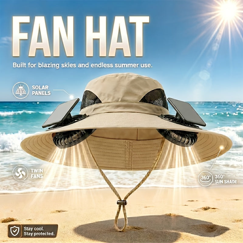 Chapeau de soleil à larges bords avec ventilateurs solaires – 2 ventilateurs solaires intégrés, vitesse du vent réglable, maille respirante, chapeau d'extérieur anti-UV avec mentonnière pour la pêche, le camping et les voyages