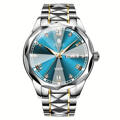 Montre à quartz pour homme RUIGE – Veilleuse, double calendrier, cadran à facettes façon diamant, boîtier en acier inoxydable, bracelet en alliage, montre-bracelet business décontracté, cadeau idéal pour la fête des pères