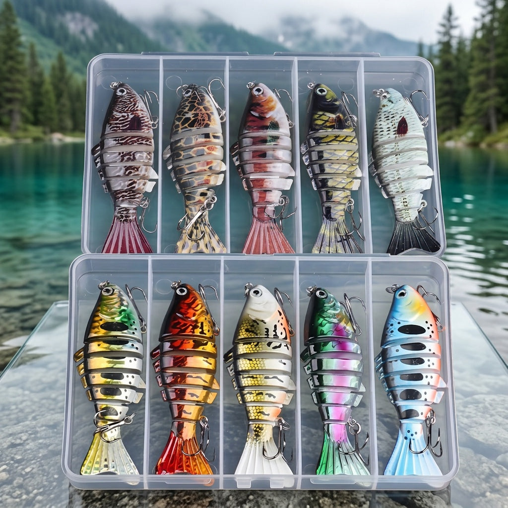 Lot de 5 leurres de pêche articulés à la nage réaliste – Swimbait pour bar, truite et brochet, kit de leurres pour eau douce et eau de mer, 4 modèles assortis