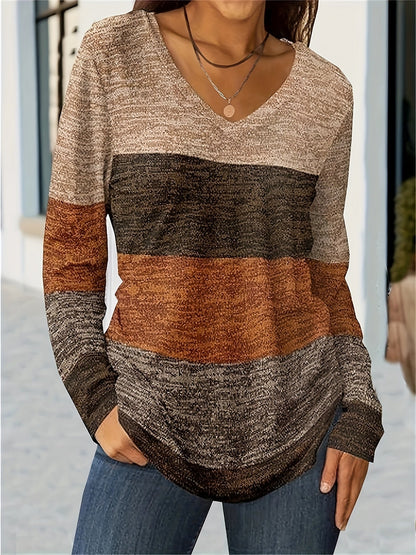 Haut à manches longues et col en V pour femme, chemisier décontracté à motif géométrique, printemps, été, automne, extensible, polyester et élasthanne, café, bleu paon, S M L XL XXL