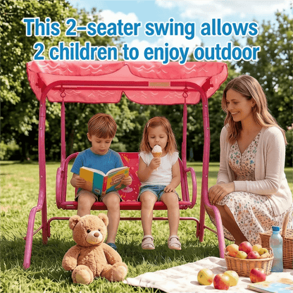 Balançoire de jardin pour enfants, 2 places, avec auvent réglable, ceintures de sécurité et structure en métal pour patio, cour, jardin ou balcon, 3 ans et plus, capacité de 82 kg