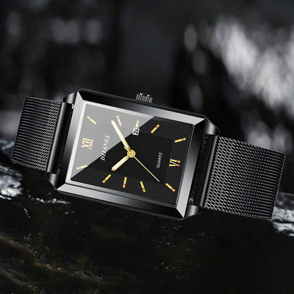 Ensemble montre à quartz et bijoux pour homme, 4 pièces – Montre à affichage de la date avec bracelet en acier inoxydable, collier, bracelet et bague, ensemble cadeau élégant décontracté chic pour homme, disponible en or, argent et noir