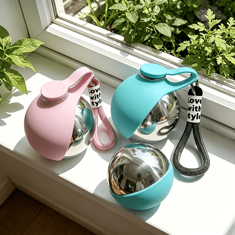 Gourde de voyage en acier inoxydable pour animaux – Bouteille étanche de 285 ml pour chiens et chats avec écuelle pliable pour la randonnée, la marche et le camping, acier 304, bleu et rose