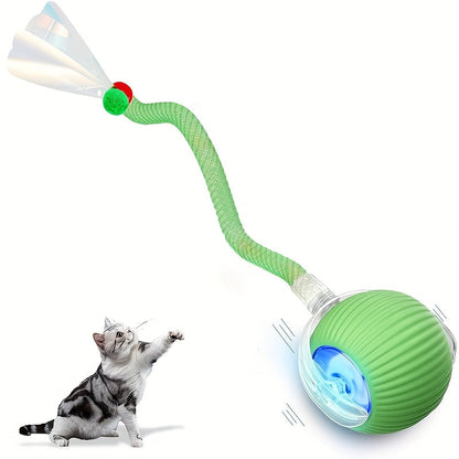 Jouet balle pour chat à roulement automatique, balle interactive électrique avec queue en filet élastique, balle intelligente à mouvement rapide pour jeu en intérieur sur tapis ou sol pour chats et chatons