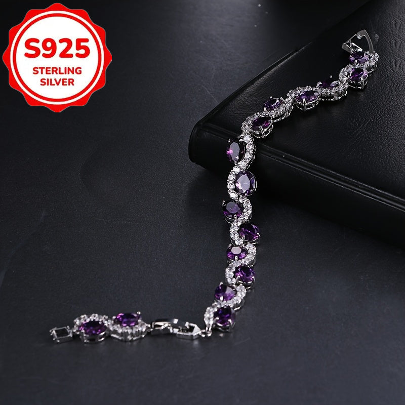 Bracelet chaîne en argent sterling 925 avec zircone cubique ovale violette pour femme – Bracelet de luxe étincelant en zircone cubique, cadeau de bijoux élégant pour anniversaire et fête