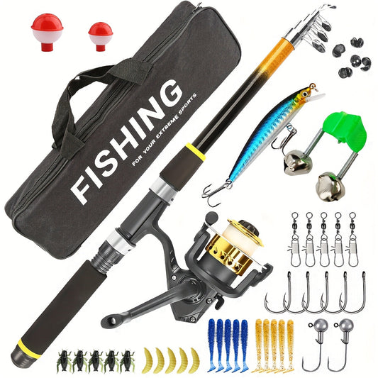 Kit de pêche complet pour débutant avec canne et moulinet – Canne spinning medium light avec leurres souples et durs, moulinet ambidextre, accessoires inclus, set de démarrage complet pour adultes et enfants