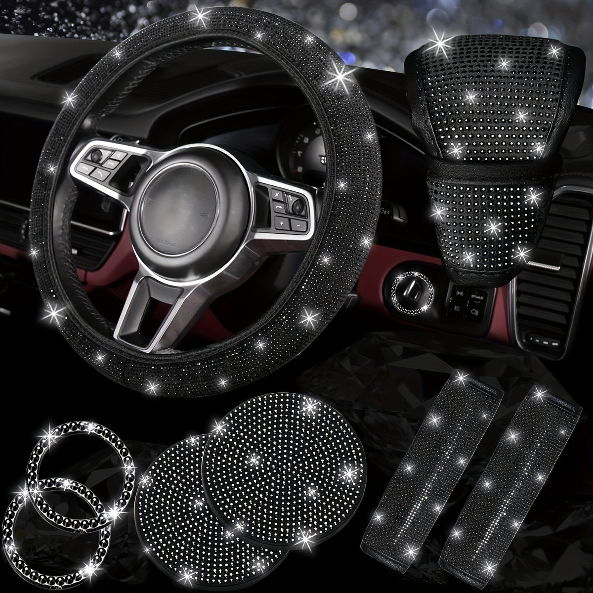 Ensemble d'accessoires de voiture 8 pièces en strass pour femme – Housse de volant, sous-verres, coussinets de ceinture de sécurité, anneaux de démarrage et housse de pommeau de levier de vitesse, 7 couleurs, kit intérieur à paillettes scintillantes