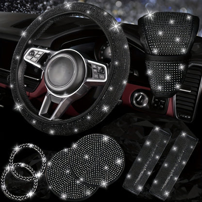 Ensemble d'accessoires de voiture 8 pièces en strass pour femme – Housse de volant, sous-verres, coussinets de ceinture de sécurité, anneaux de démarrage et housse de pommeau de levier de vitesse, 7 couleurs, kit intérieur à paillettes scintillantes