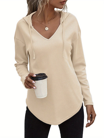 Sweat-shirt à capuche pour femme avec ourlet asymétrique, col en V et cordon de serrage - Pull décontracté à manches longues en maille pour l'automne et l'hiver