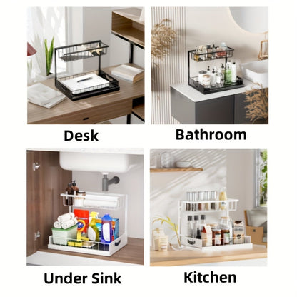 Pull Out Under Sink Organizer 2-Tier Slide-Out Cabinet Shelf, Kitchen Bathroom Utility Rack Storage Shelves, Sliding Cabinet Organizer for Under Sink Kitchen Bathroom Pantry – 1 or 2 Pack Options