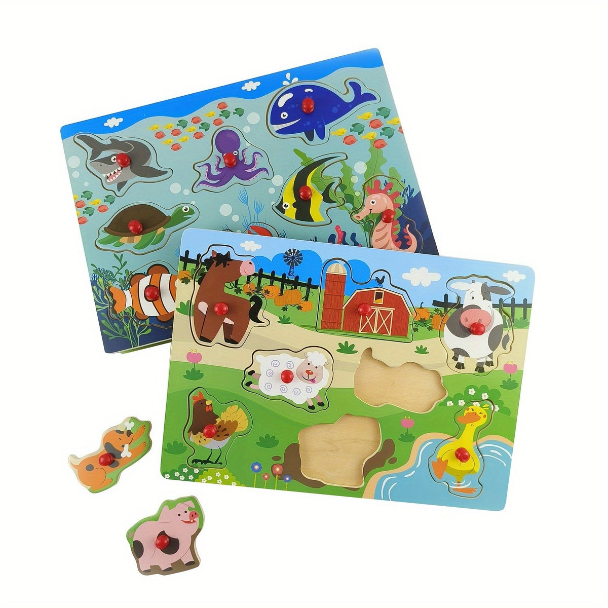 Lot de 4 puzzles à boutons en bois pour tout-petits, 32 pièces, puzzles sur le thème des animaux de la ferme et du zoo, jouet éducatif Montessori pour enfants de 1, 2, 3 ans, cadeau d'anniversaire, de Noël ou de Pâques pour filles et garçons