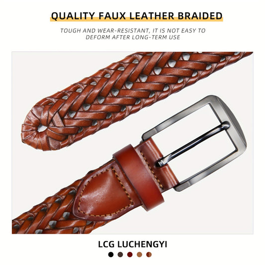 Men's Leather Braided Belt – Woven Hollow Design with Gold Zinc Alloy Buckle, Casual Dress Belt for Golf Pants Jeans Everyday Wear, Sizes 34" to 50", Great Gift for Dad