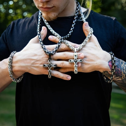 Ensemble de colliers croix en acier inoxydable pour homme, 2 pièces, chaîne cubaine avec pendentif croix, bijoux rétro hip-hop pour homme - Collier imposant, cadeau pour lui, anniversaire, Noël