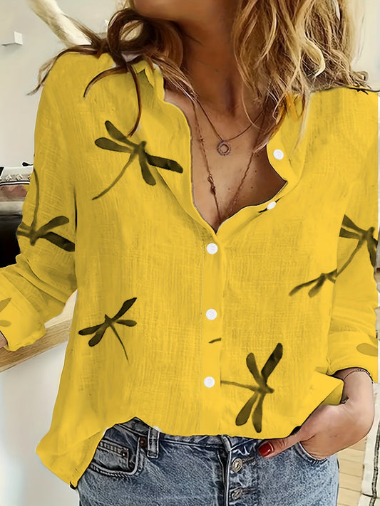 Chemise ample pour femme à imprimé libellules – Haut d'été décontracté à col à revers, tissu respirant en polyester et élasthanne, coupe décontractée et légère, motif nature coloré, tenue quotidienne élégante