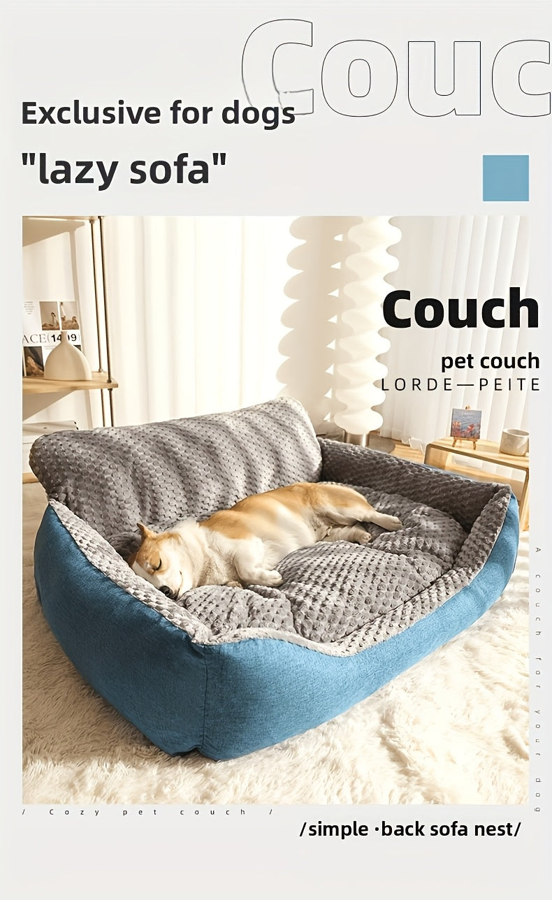 Canapé-lit de luxe en peluche pour animaux avec dossier haut – Panier pour chiens et chats épais, chaud et lavable, confort toutes saisons, housse facile à nettoyer, tailles S L XL, bleu gris