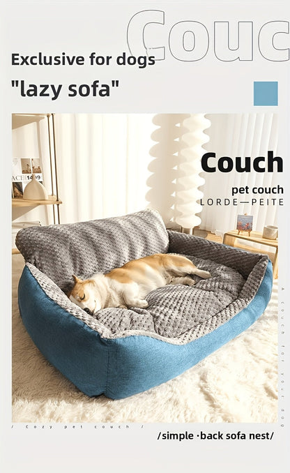 Canapé-lit de luxe en peluche pour animaux avec dossier haut – Panier pour chiens et chats épais, chaud et lavable, confort toutes saisons, housse facile à nettoyer, tailles S L XL, bleu gris