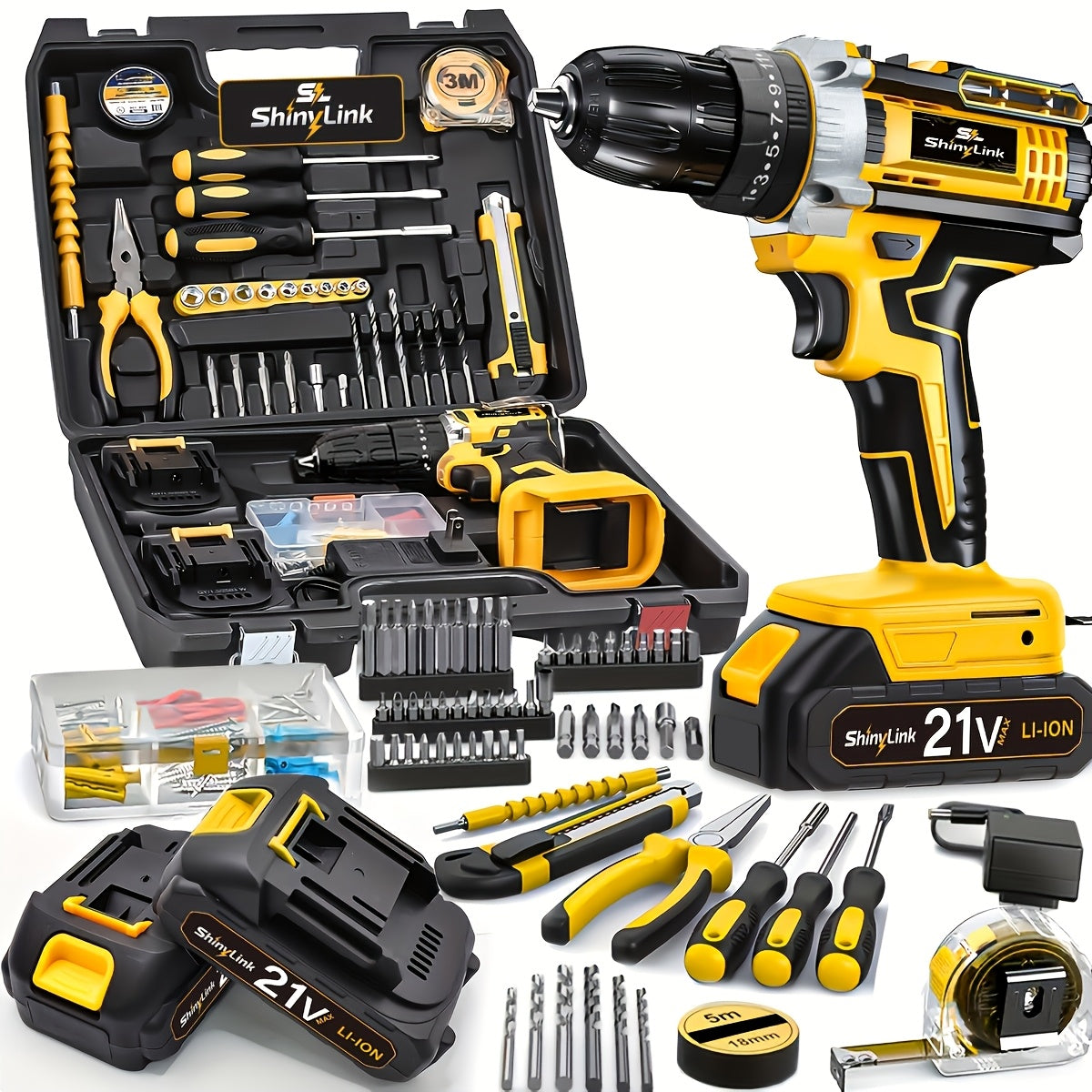 Ensemble de perceuse sans fil 21V, 18 à 148 pièces | Perceuse-visseuse électrique rechargeable avec 2 batteries, embouts de vissage, outils à main et boîte à outils – Kit complet de réparation domestique pour bricolage, cadeau pour homme