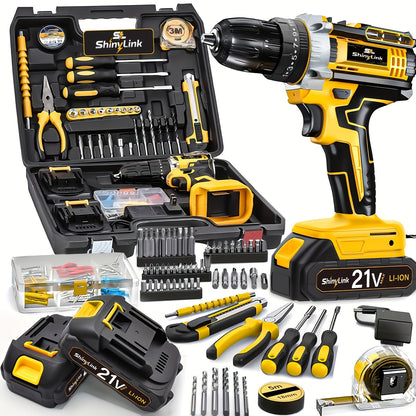 Ensemble de perceuse sans fil 21V, 18 à 148 pièces | Perceuse-visseuse électrique rechargeable avec 2 batteries, embouts de vissage, outils à main et boîte à outils – Kit complet de réparation domestique pour bricolage, cadeau pour homme