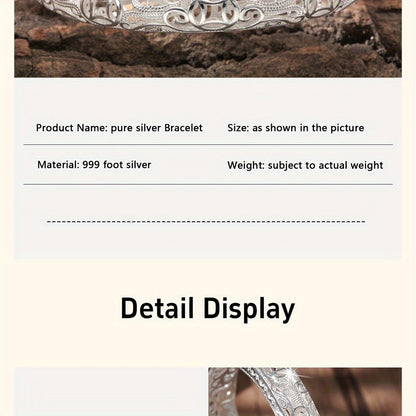 Bracelet jonc en argent pur S999 pour femme – Manchette fermée massive, bijou en argent fin de haute pureté, accessoire de mode élégant et brillant, cadeau idéal pour un anniversaire ou une fête.