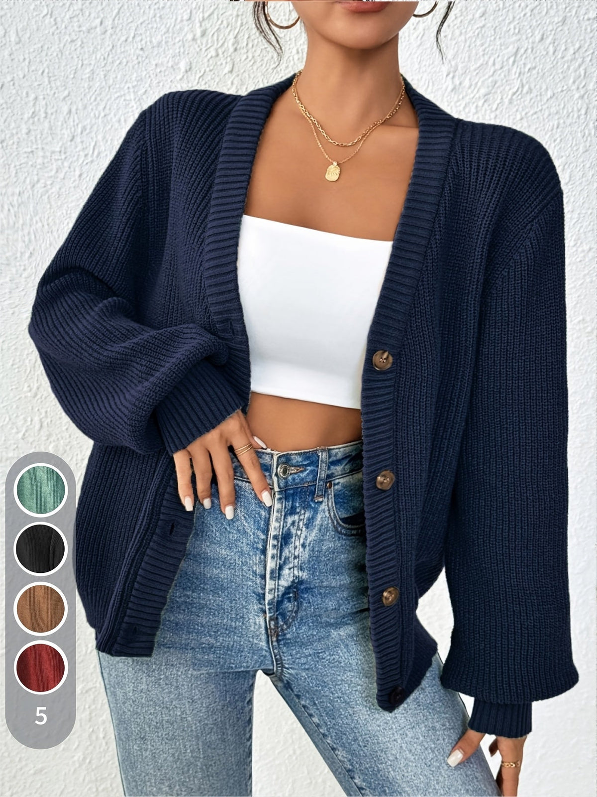 Gilet boutonné pour femme en maille côtelée épaisse, col en V, ouverture sur le devant - Pull veste oversize à épaules tombantes, gilet doux, extensible et chaud pour l'automne et l'hiver, disponible en 5 couleurs, du XS au XL