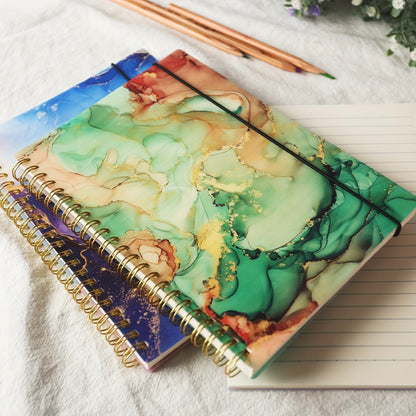 Lot de 5 carnets à spirales à couverture rigide effet marbre A5 – 400 feuilles de papier épais anti-transparence pour le travail, l'école et le journal intime, fournitures de rentrée scolaire, cadeau pour professeur