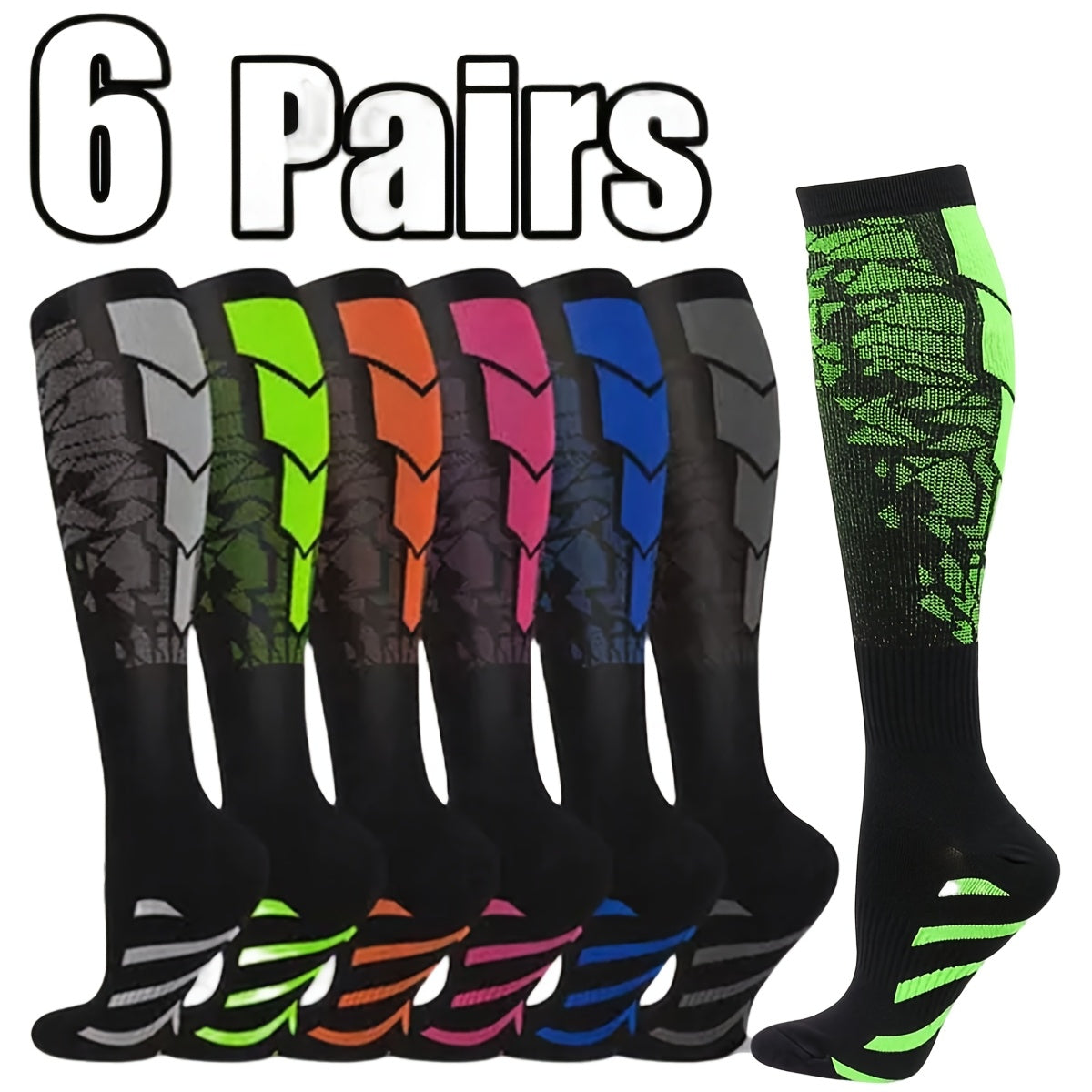 Compression Sports Socks 6 Pack Unisex Breathable Moisture-Wicking Polyester Knit Athletic Socks for Basketball Football Running Hiking Outdoor Sports – Sizes S/M & L/XL