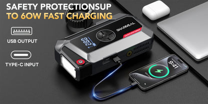 Démarreur de voiture 20000A avec compresseur d'air, batterie externe portable 18-en-1 – Pinces intelligentes, charge rapide, lampe LED, grand écran pour tous moteurs essence et diesel, booster de batterie de voiture d'urgence