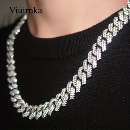 Collier chaîne maille cubaine pour homme style hip-hop avec incrustation de pierres synthétiques – Tons argent et or, 45 cm / 50 cm, coffret cadeau inclus, bijou audacieux pour toutes les occasions