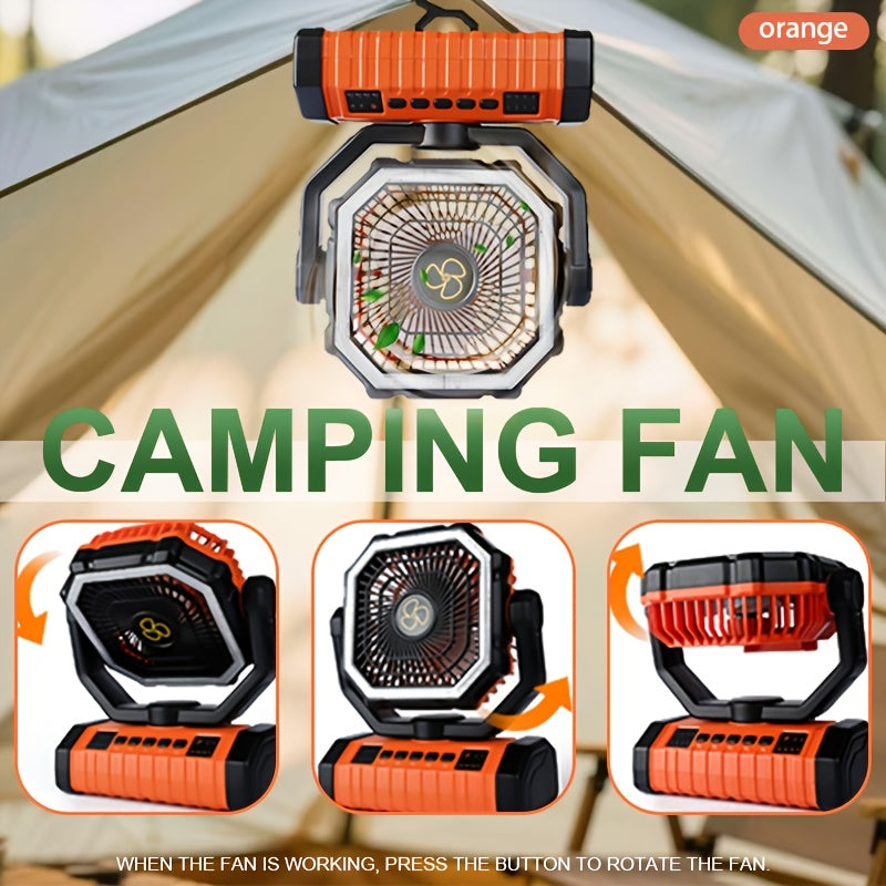 Ventilateur de camping rechargeable 20000 mAh avec éclairage LED intégré, crochet de tente, chargement USB, ventilateur de refroidissement portable sur batterie pour camping, randonnée, pannes de courant, chantiers de construction, modèle orange amélioré