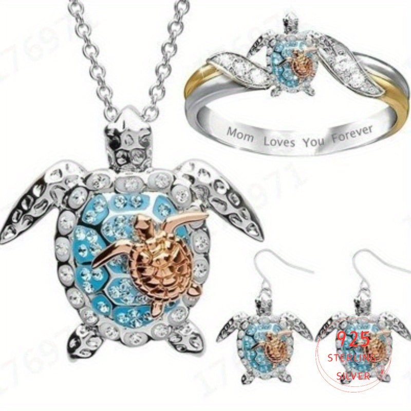 Parure de bijoux tortue pour femme – Collier, boucles d'oreilles et bague en argent S925 doré avec zircone cubique, ensemble bohème élégant de 3 pièces pour le quotidien, cadeau d'anniversaire, Saint-Valentin et cadeau pour femme