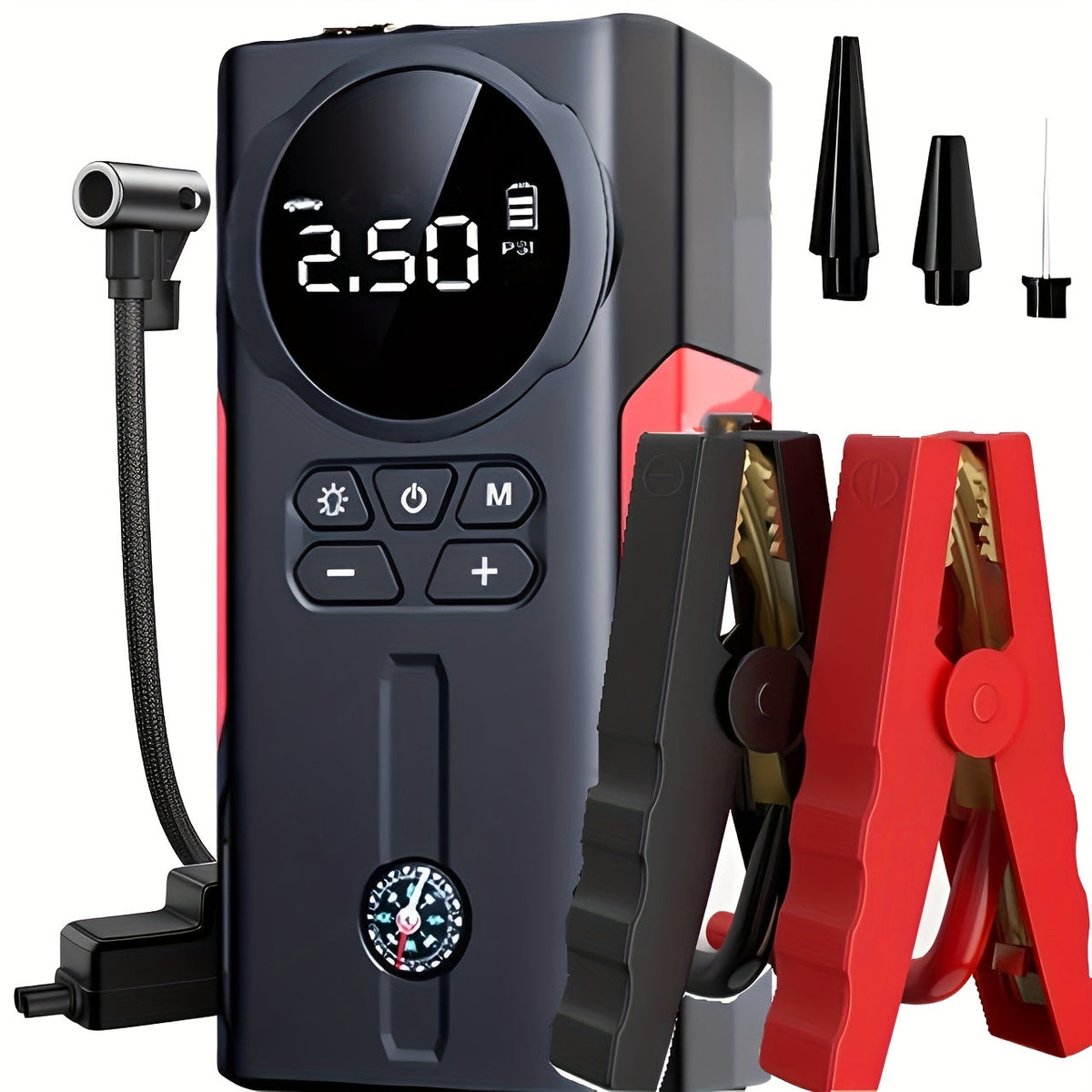 Démarreur de batterie portable pour voiture 2000 A – Booster sans fil 12 V pour démarrage rapide de moteurs essence (8,0 L) et diesel (6,5 L) avec entrée/sortie USB, lampe d'urgence LED – Accessoire auto et outil d'urgence